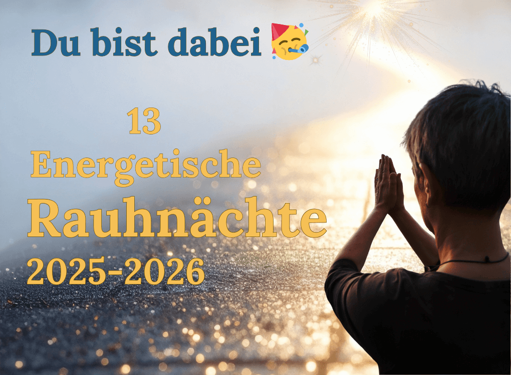 Mein erstes Angebot: Die Begleitung der 13 energetischen Rauhnächte 2025. Auf dem Bild steht Vera in Dankeshaltung, die schaut auf einen goldenen Weg, der zu einem goldenen Stern führt.