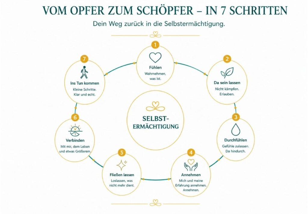 Kreisdiagramm „Vom Opfer zum Schöpfer in 7 Schritten“: Fühlen, Da sein lassen, Durchfühlen, Annehmen, Fließen lassen, Verbinden, Ins Tun kommen – mit Selbstermächtigung im Zentrum