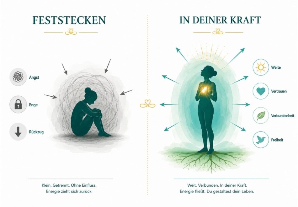 Infografik: Feststecken (zusammengekauerte Figur mit Angst, Enge, Rückzug) versus In deiner Kraft (verwurzelte Figur mit Weite, Vertrauen, Verbundenheit, Freiheit)