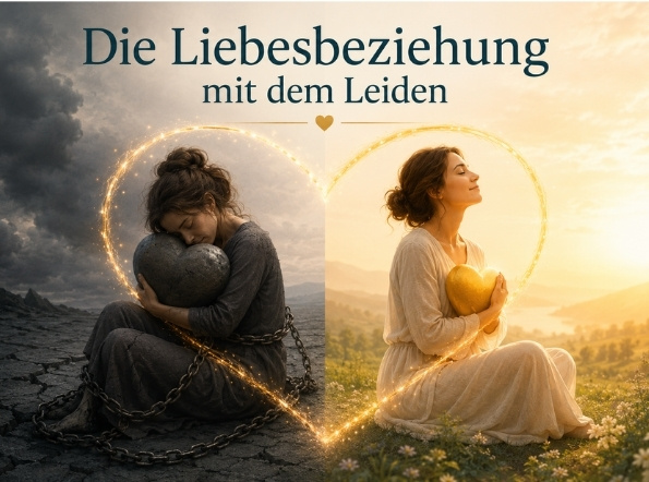 Die Liebesbeziehung mit dem Leiden: ein Herz, die eine Hälfte umschließt eine Frau in Schwarz, die leidet. Die andere Herzhälfte ist im goldenen Licht und in der freudigen Anbindung. zu sehen.