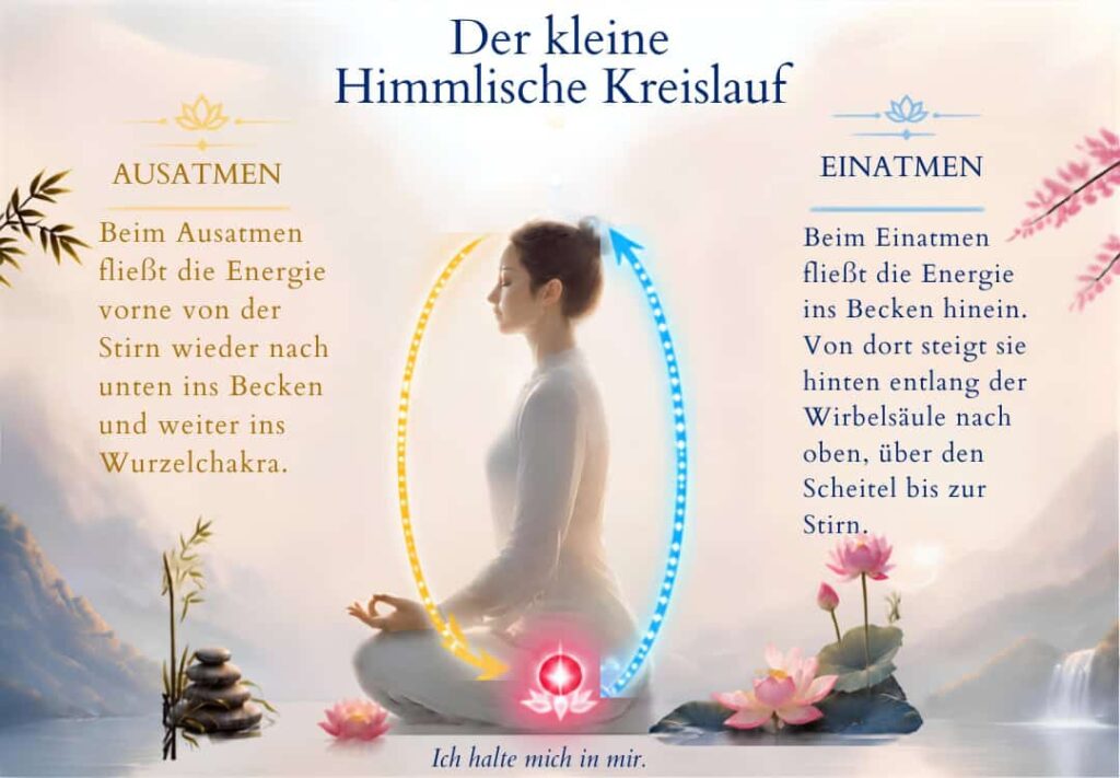 Der kleine Himmlische Atem-Energie-Kreislauf:
Beim Einatmen fließt die Energie ins Becken hinein. Von dort steigt sie hinten entlang der Wirbelsäule nach oben, über den Scheitel bis zur Stirn. Beim Ausatmen fließt die Energie vorne von der Stirn wieder nach unten ins Becken und weiter ins Wurzelchakra.