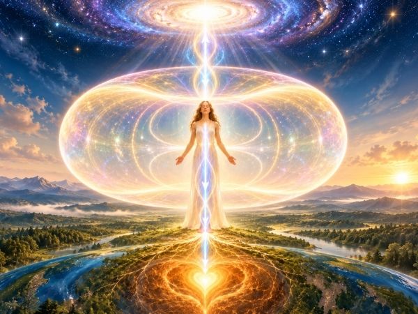 Eine Frau steht in einem leuchtenden Energietorus, durch den Licht zwischen dem Herzen von Mutter Erde und der kosmischen Quelle fließt. Goldene Energieströme symbolisieren die Verbindung von Körper, Erde und Kosmos.