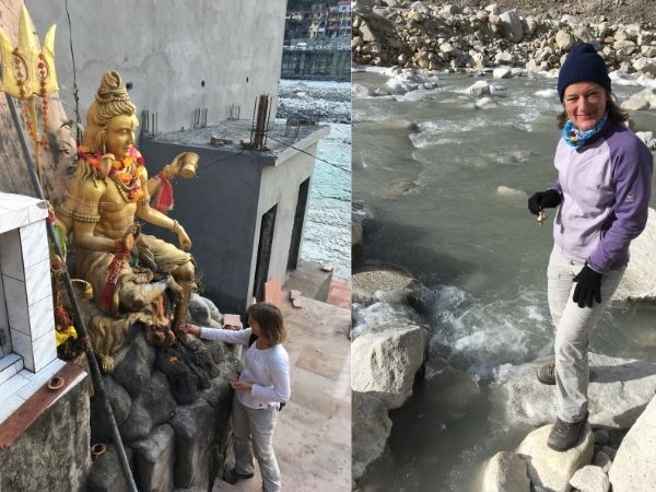 Vera am Ganges mit der Shivastatur und in Gangotri beim Wasser abfüllen.