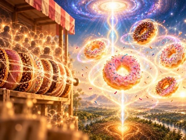 Donuts auf einer Stange symbolisieren die Bindung an das kollektive Energiefeld. Daneben schweben frei leuchtende Donuts, durchströmt von kosmischem Licht und umgeben von strahlenden Energietori als Sinnbild für Freiheit und Verbundenheit.